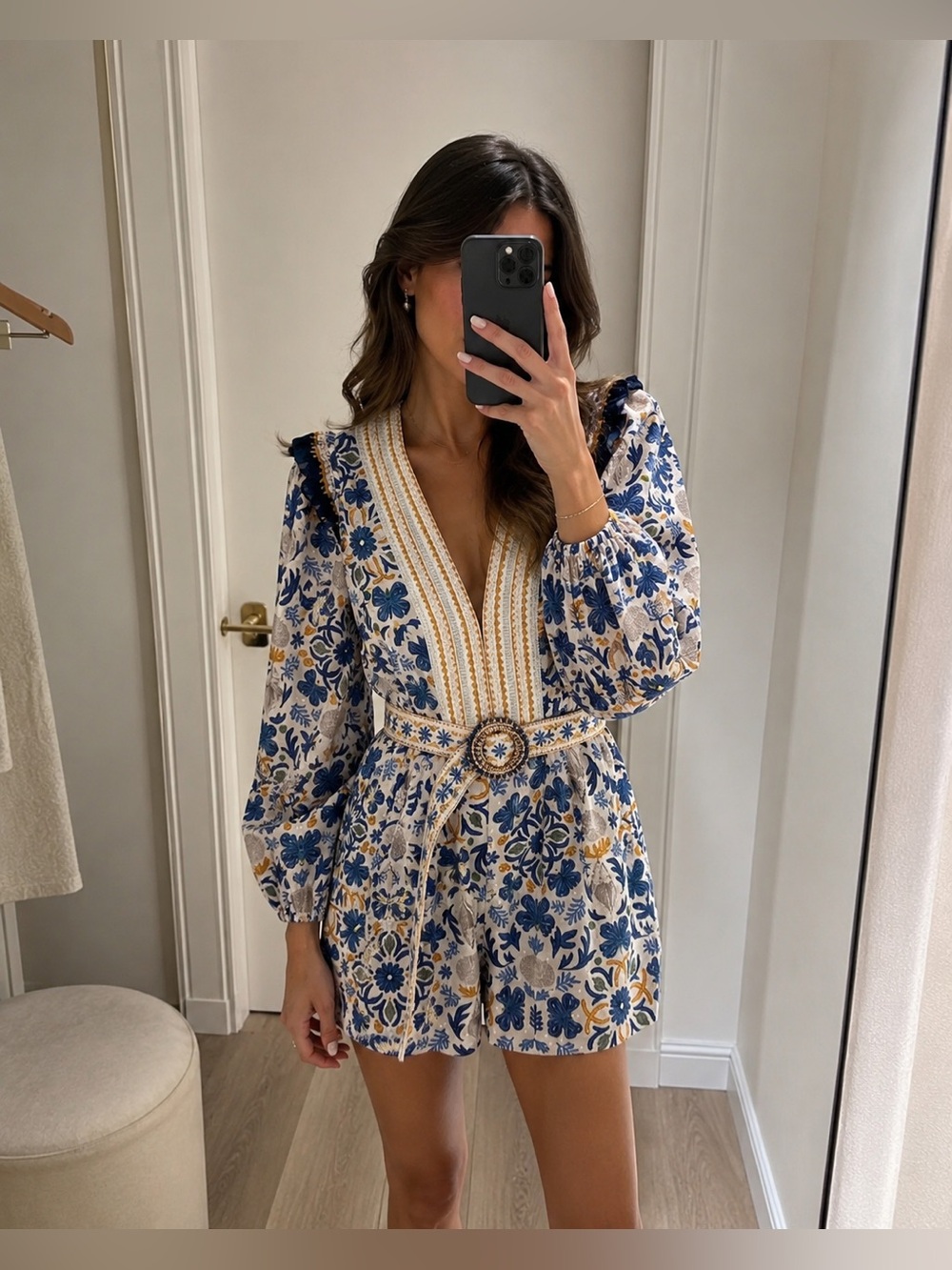 Caroline Constas Blue White Floral Cotton Belted Romper Puff Sleeve V-Neck M